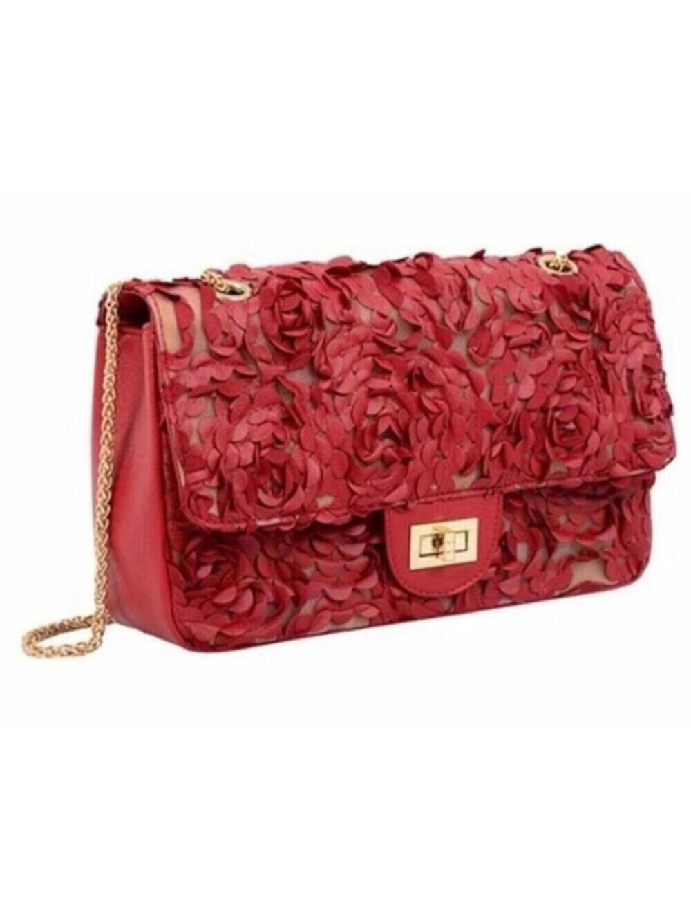 Red Rose Petal Purse Faux Leather Shoulder & Cross Body Gold Chain Straps NEW